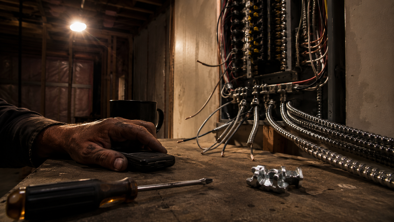 Tired electrician's hand on a half-finished basement electrical panel late at night, MC cables in foreground