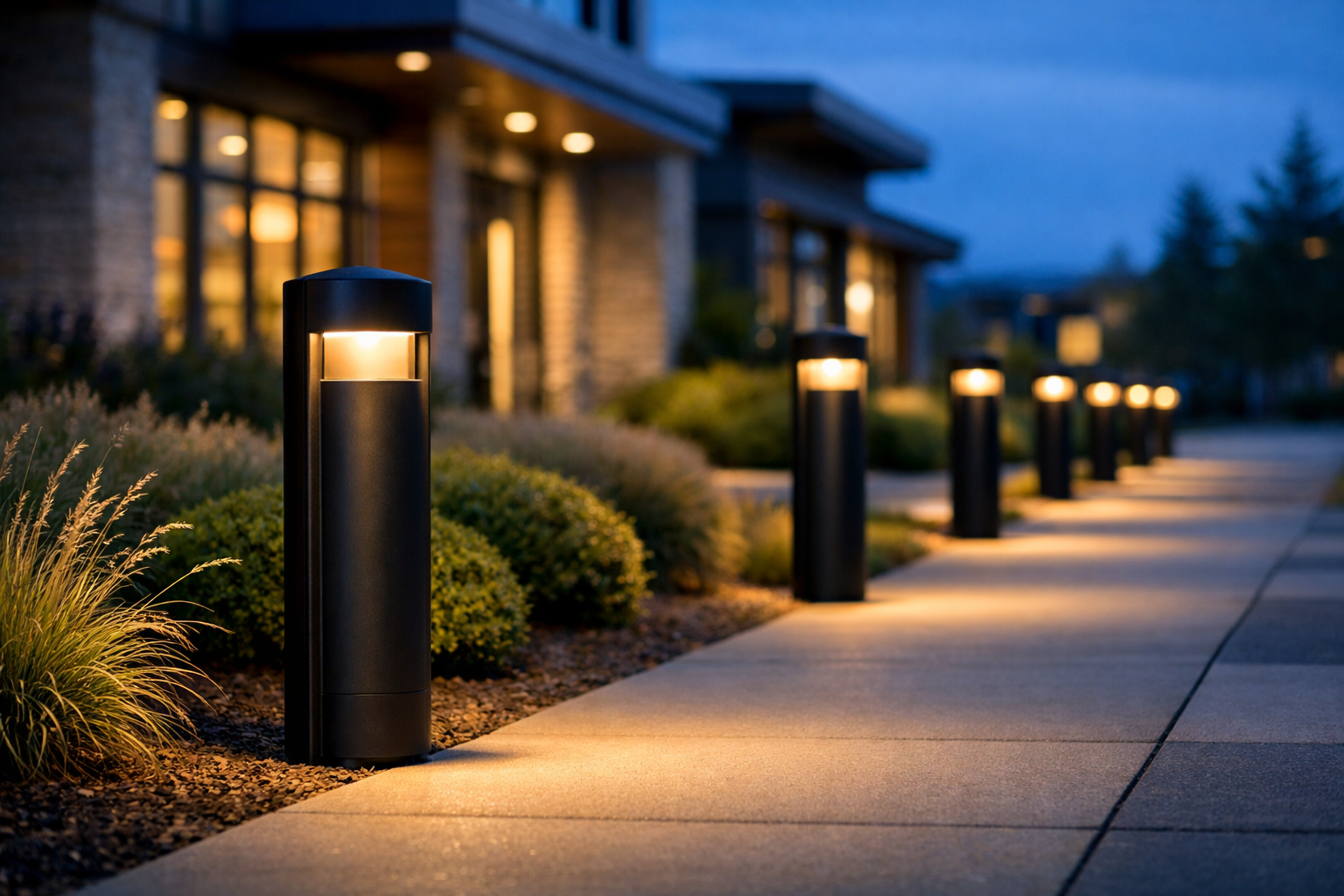 Modern matte-black commercial LED bollard lights lining a landscaped walkway at dusk