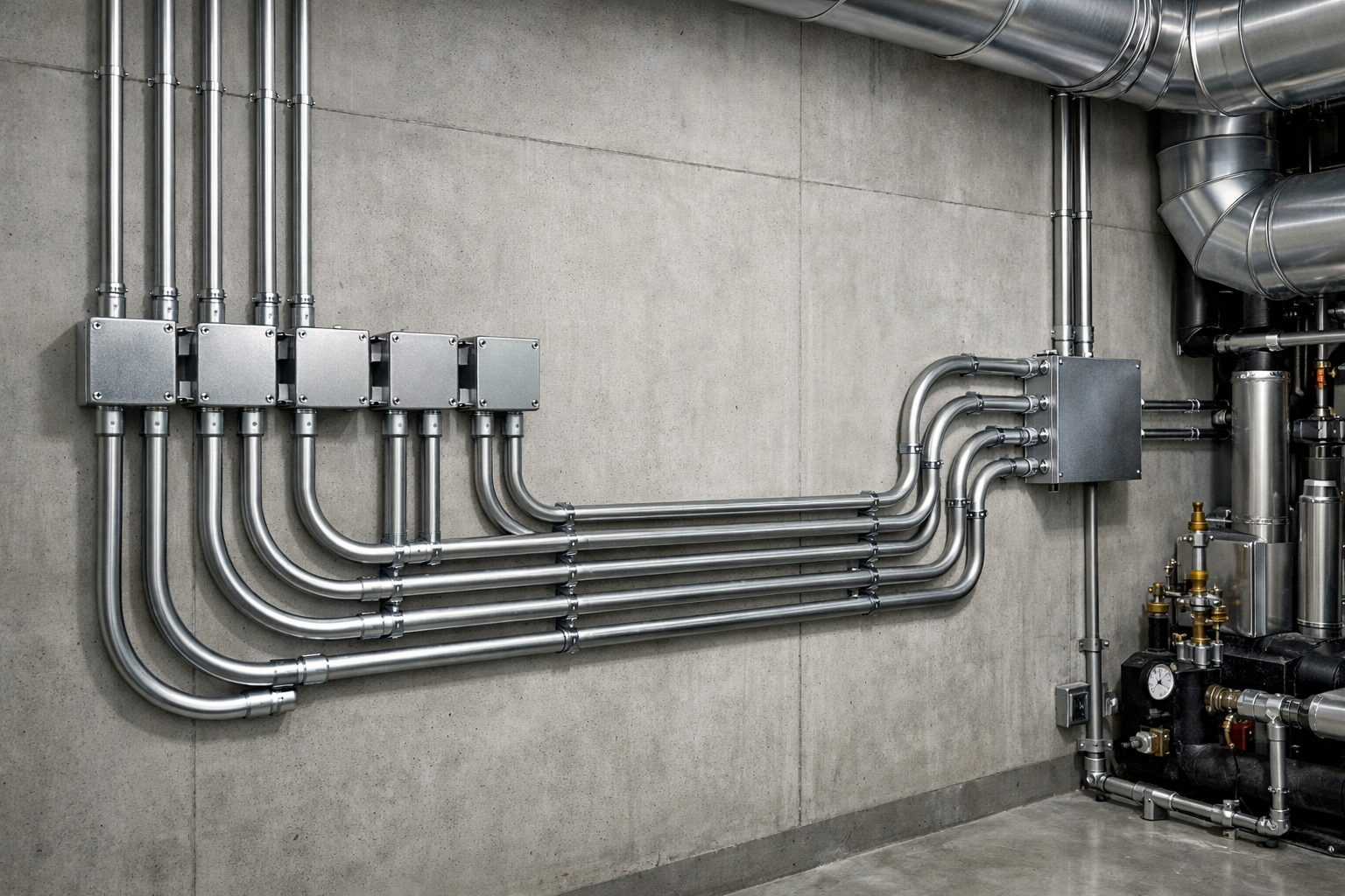 Neatly installed EMT electrical conduit runs and fittings along a wall