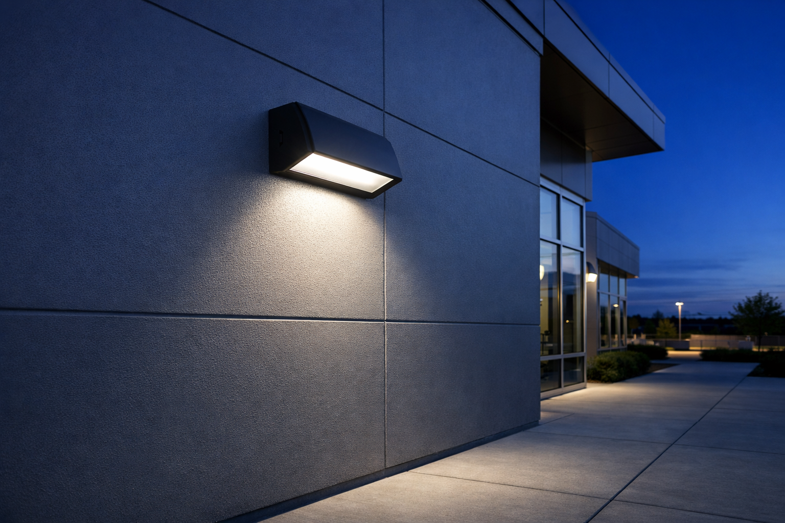 A modern LED wall pack light on a commercial building exterior at dusk