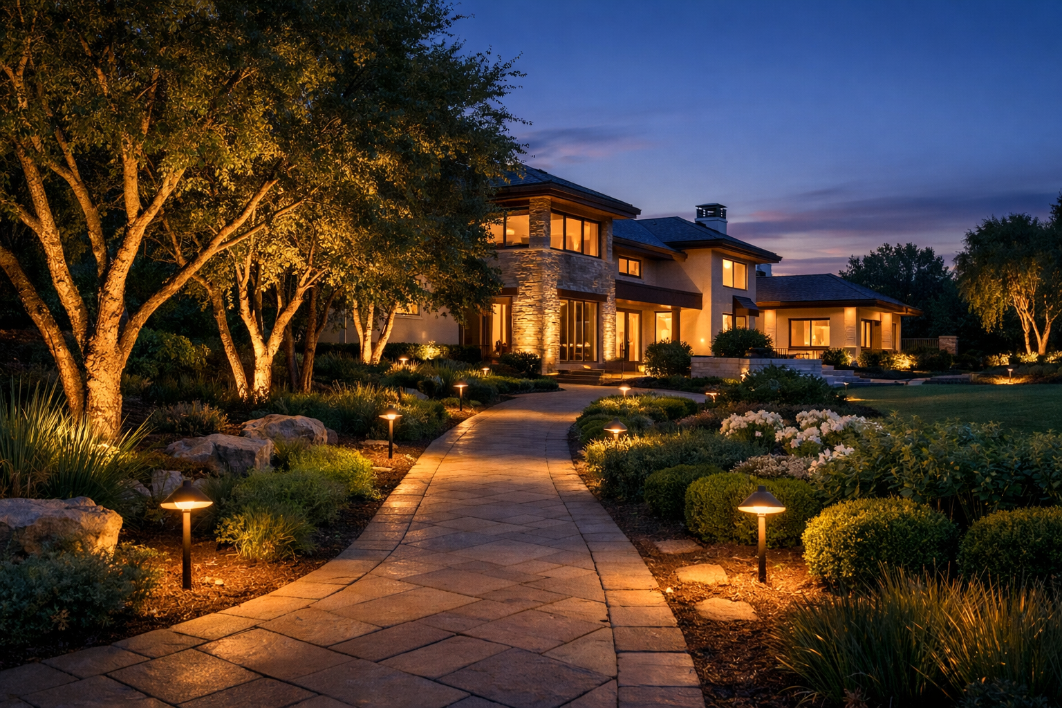 An upscale residential landscape lit with warm path and accent lighting at dusk