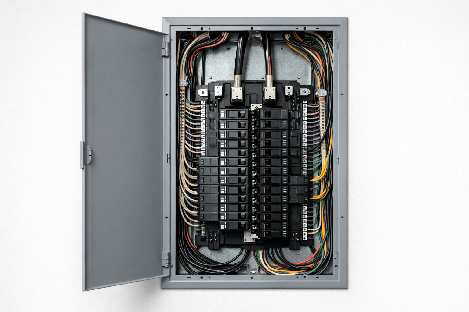 An open electrical panel showing neatly organized circuit breakers and tidy wiring