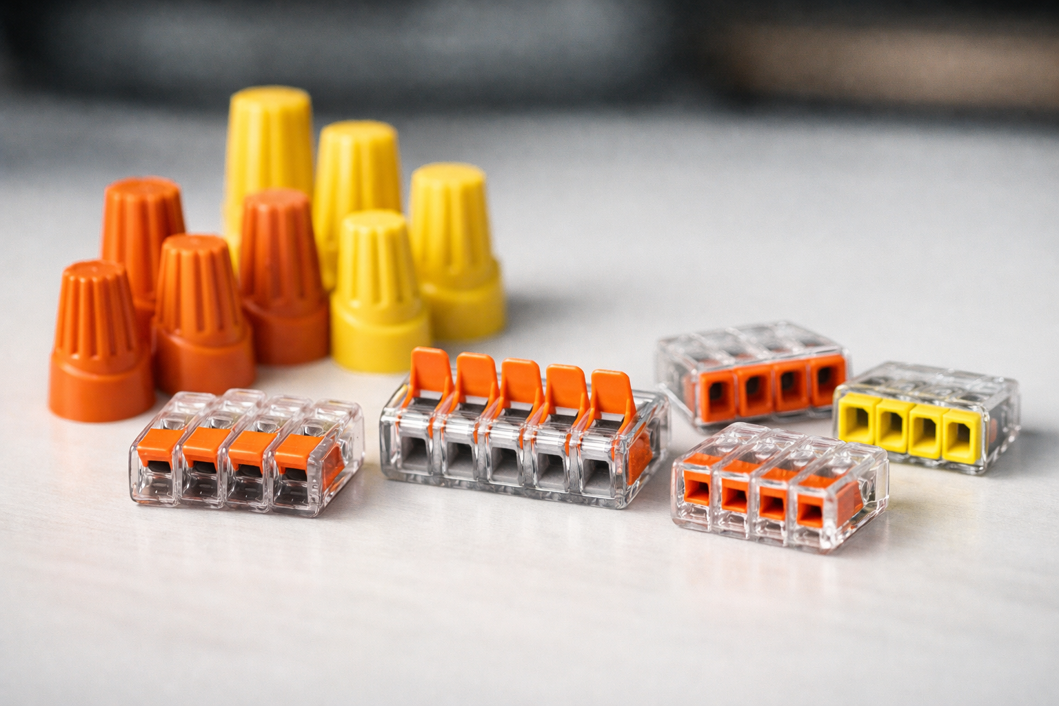 Assorted wire connectors — twist-on, lever, and push-in — arranged on a workbench