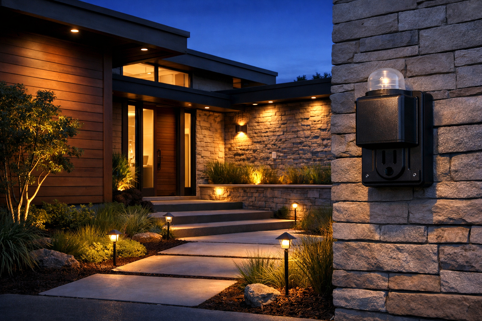 A modern home at dusk with outdoor lights on a timer and photocell turning on