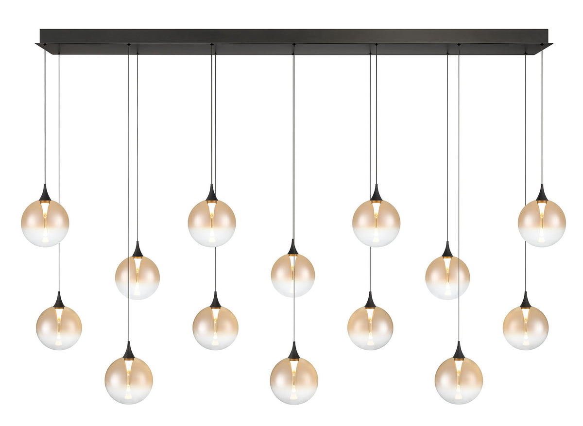Eurofase Iissa 72" 14-Light LED Chandelier, Matte Black with Amber Glass, front view