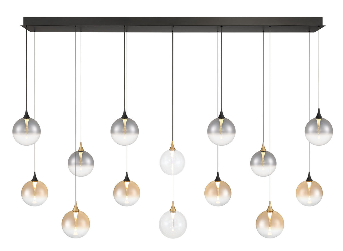 Eurofase Iissa 72" 14-Light LED Chandelier, Gold-Black Mix with Mixed Glass, front view