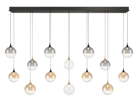 Eurofase Iissa 72" 14-Light LED Chandelier, Gold-Black Mix with Mixed Glass, front view