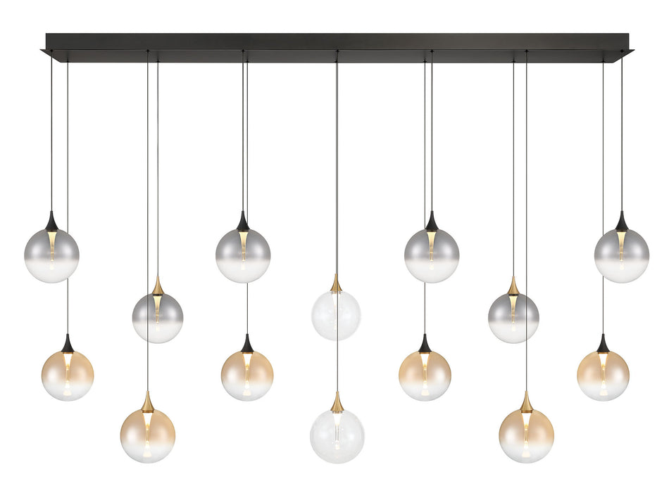 Eurofase Iissa 72" 14-Light LED Chandelier, Gold-Black Mix with Mixed Glass, front view