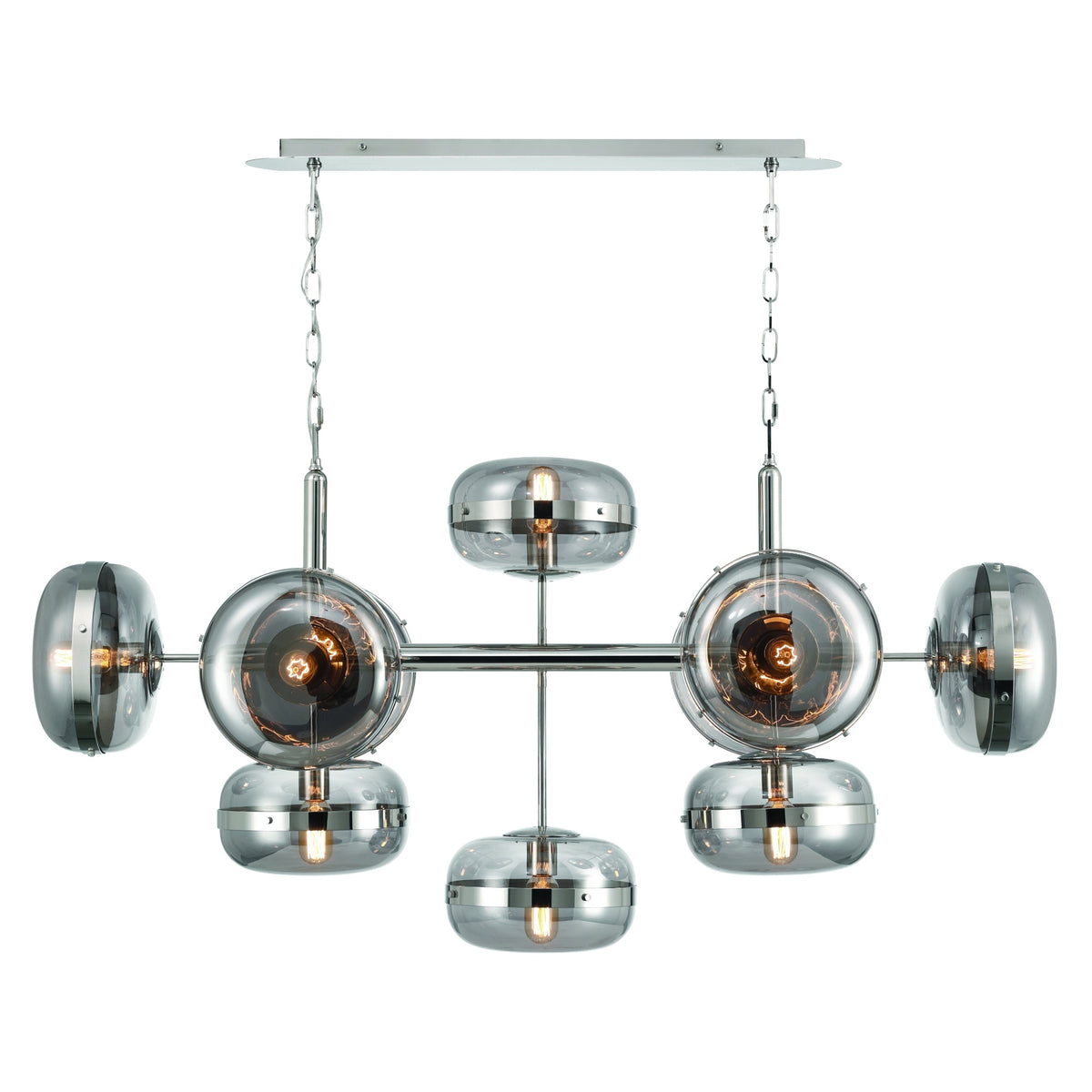 Eurofase Nottingham 54" 10-Light Chandelier, Polished Nickel with Smoked Glass, front view