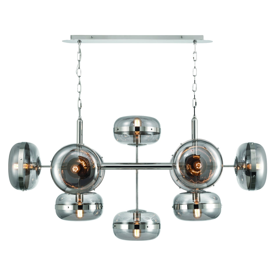Eurofase Nottingham 54" 10-Light Chandelier, Polished Nickel with Smoked Glass, front view