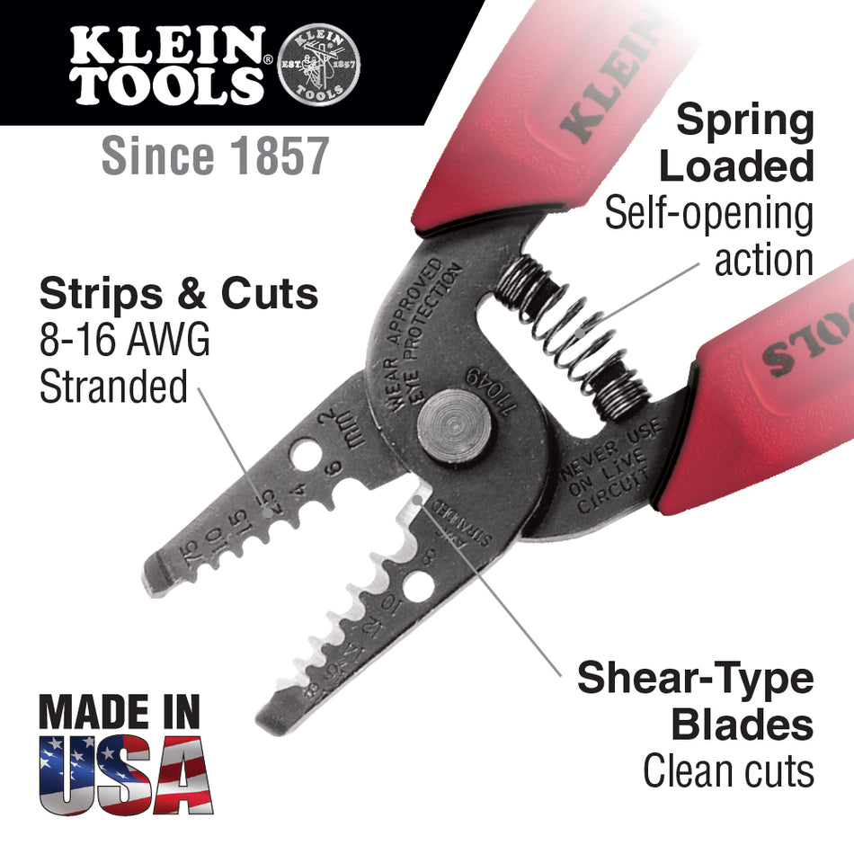 Klein Tools 11049 Wire Stripper/Cutter for 8-16 AWG Stranded Wire - feature detail