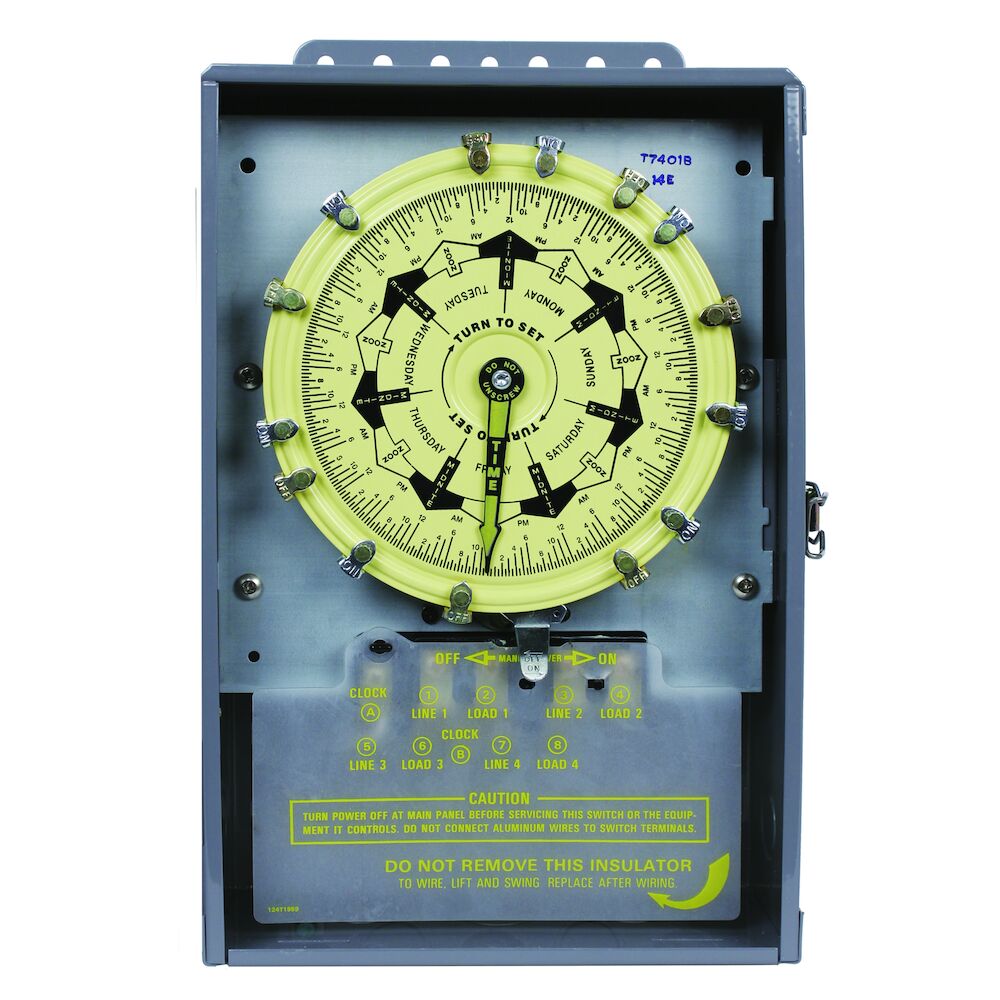 7-Day Mechanical Time Switch, 120 VAC, 60Hz, 4-SPST, Indoor Metal Enclosure, 3.5 Hour Interval - Maple Electric Supply 