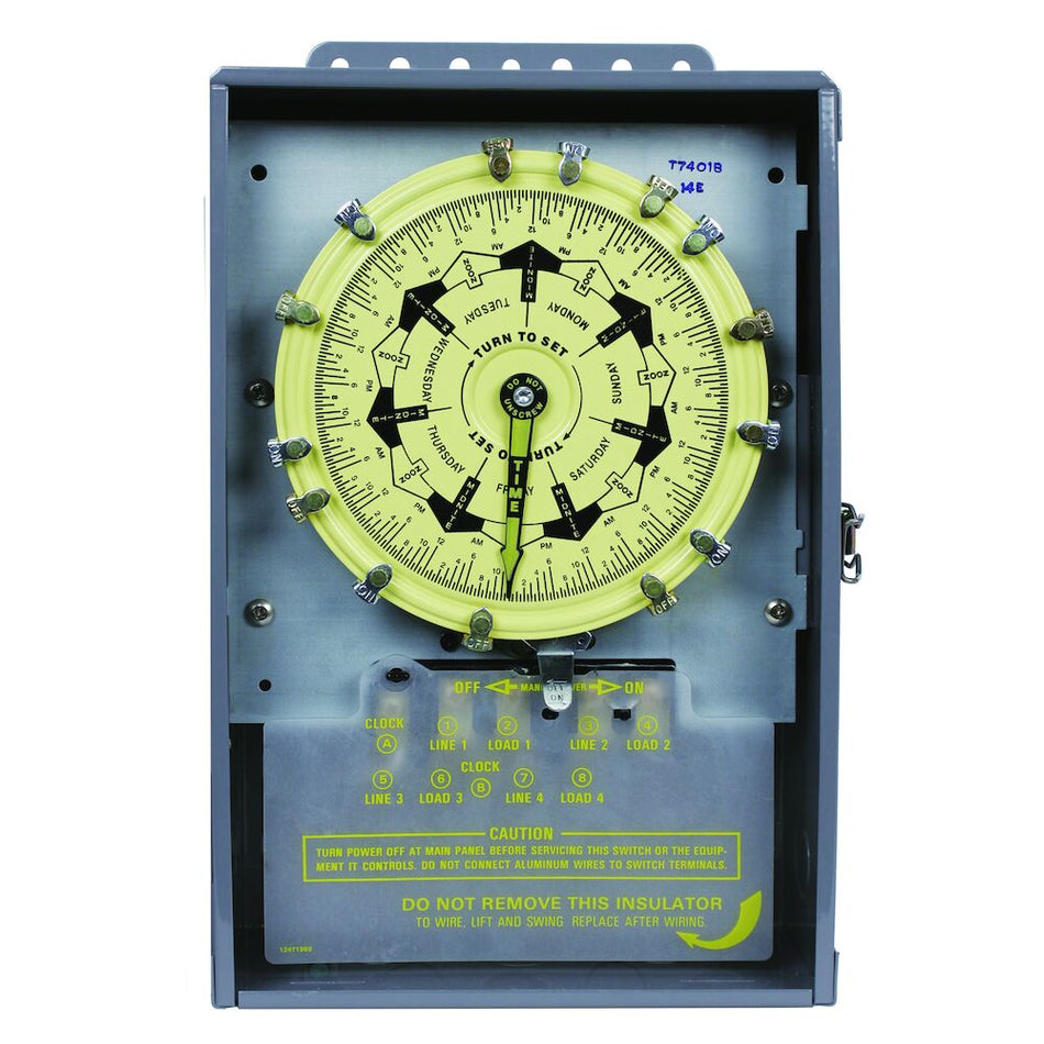 7-Day Mechanical Time Switch, 120 VAC, 60Hz, 4-SPST, Indoor Metal Enclosure, 3.5 Hour Interval - Maple Electric Supply 