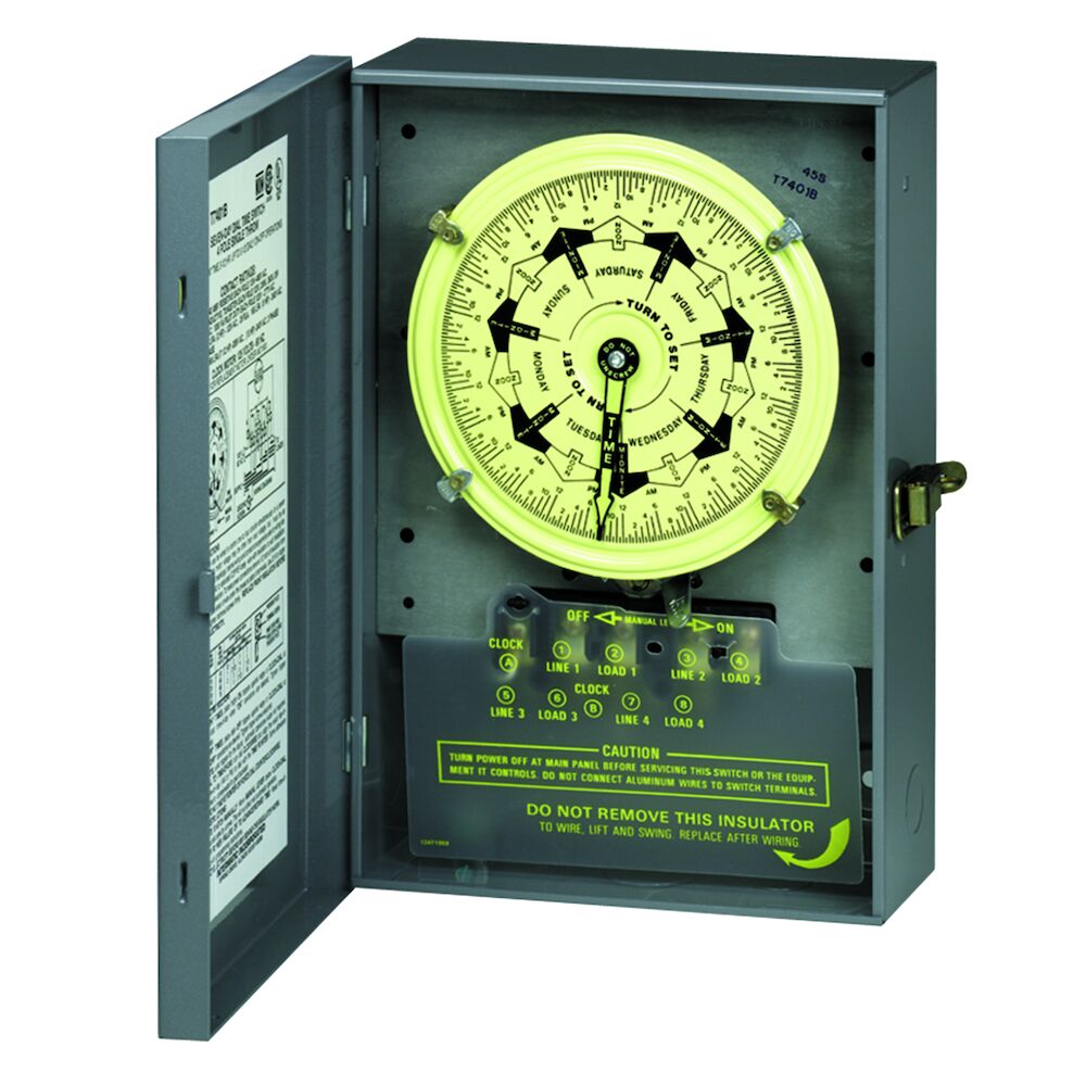 7-Day Mechanical Time Switch, 120 VAC, 60Hz, 4-SPST, Indoor Metal Enclosure, 3.5 Hour Interval - Maple Electric Supply 