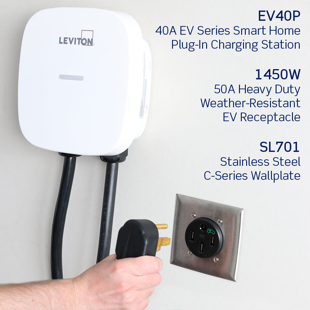 A photo of a EV Charger, by 1450W 50 Amp EV Charging Receptacle/Outlet, Heavy Duty, Weather-Resistant - Leviton eCommerce - Maple Electric Supply in Canada