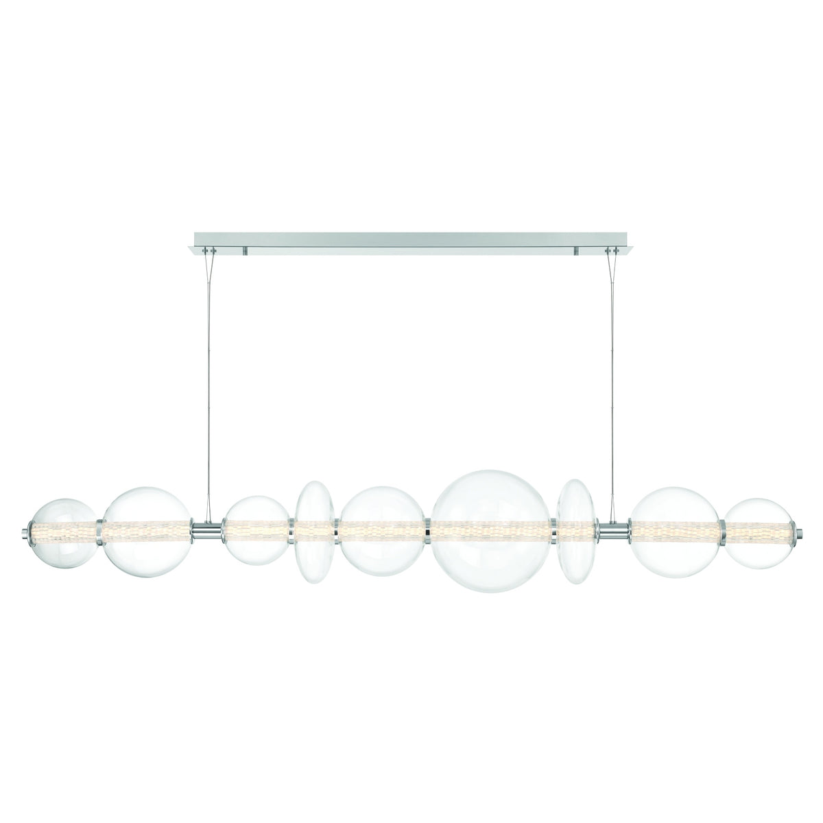 Eurofase Atomo 74" 9-Light Chandelier, Chrome with Clear Glass, front view