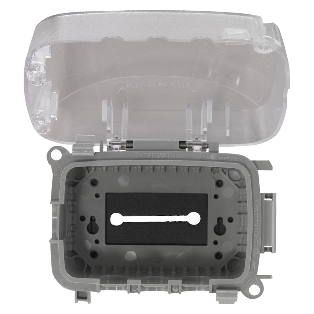 A photo of a WEATHERPROOF COVER, by Intermatic WP5100C - Extra-Duty Plastic In-Use Weatherproof Cover, Single-Gang, Vrt/Hrz, 2.75" Clear - Intermatic eCommerce - Maple Electric Supply in Canada