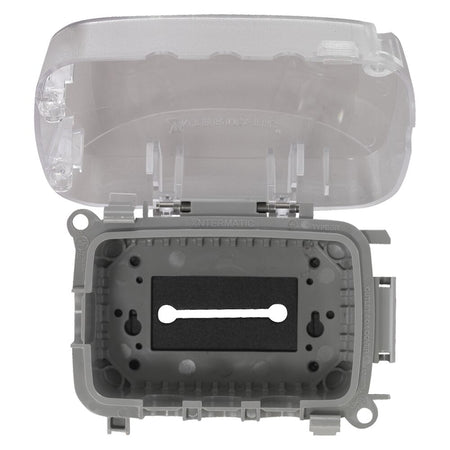 A photo of a WEATHERPROOF COVER, by Intermatic WP5100C - Extra-Duty Plastic In-Use Weatherproof Cover, Single-Gang, Vrt/Hrz, 2.75" Clear - Intermatic eCommerce - Maple Electric Supply in Canada