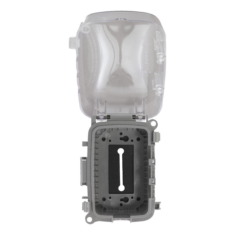 A photo of a WEATHERPROOF COVER, by Intermatic WP5100C - Extra-Duty Plastic In-Use Weatherproof Cover, Single-Gang, Vrt/Hrz, 2.75" Clear - Intermatic eCommerce - Maple Electric Supply in Canada