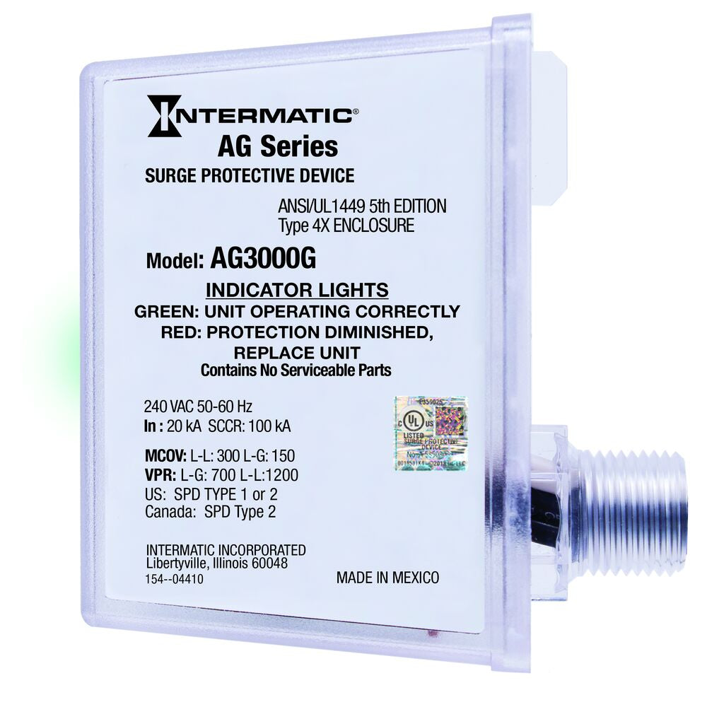 A photo of a , by Intermatic AG3000G - Surge Protective Device, 240 VAC 1Ph w/Green Ground Lead, Type 1 or Type 2, Outdoor, Connected Equipment Warranty 3yr $7,500 - INTERMATIC eCommerce - Maple Electric Supply in Canada