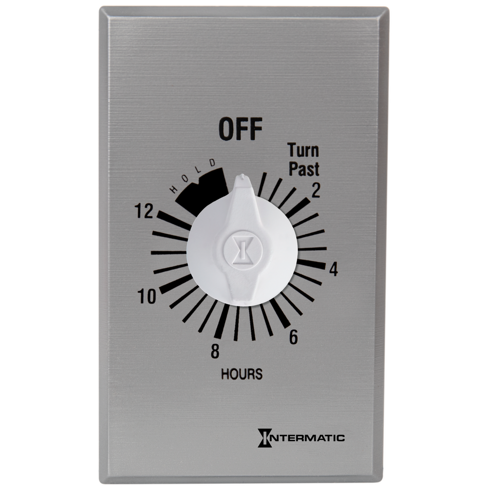 Spring Wound Countdown Timer, Commercial, 125-277 VAC, 50/60 Hz, SPST, 12 Hour Max, With Hold, Silver