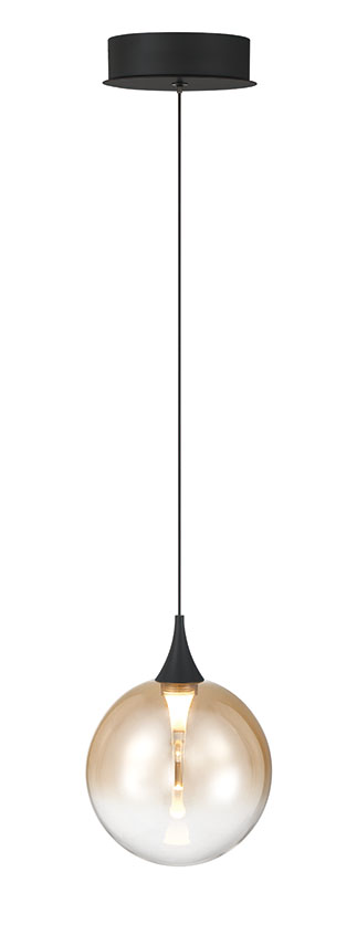 Eurofase Iissa 6" LED Pendant, Matte Black with Amber Glass, front view