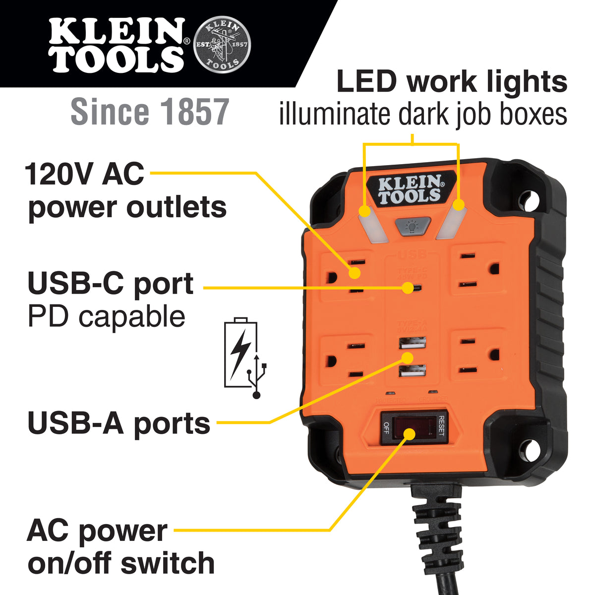 29601 Klein Tools Power Box 1, Magnetic Mounted Power Strip with Integrated LED Lights, , Klein Tools - Maple Electric Supply 