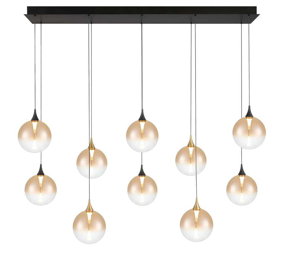 Eurofase Iissa 47" 10-Light LED Chandelier, Gold-Black Mix with Amber Glass, front view