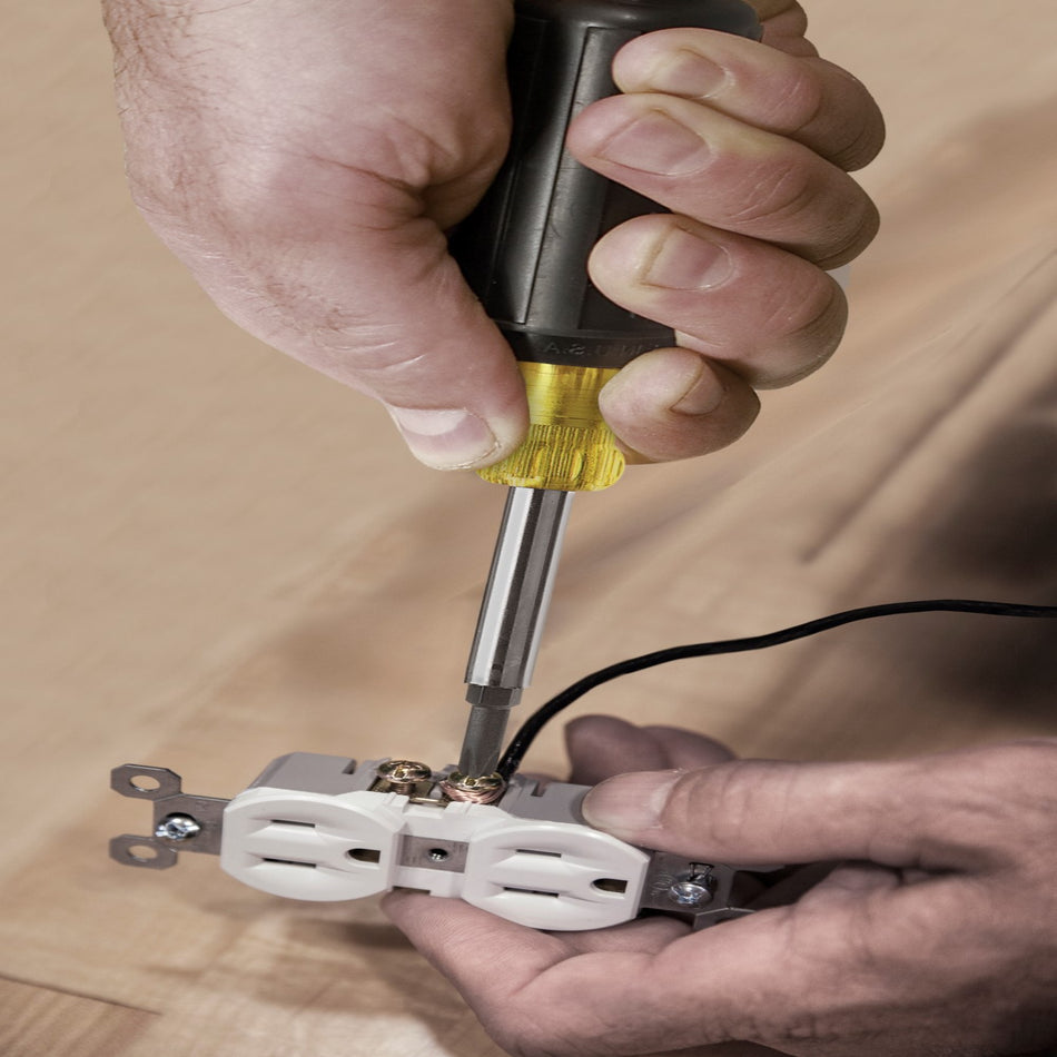Klein Tools 32476 5-in-1 Screwdriver/Nut Driver, Yellow and Black - in use