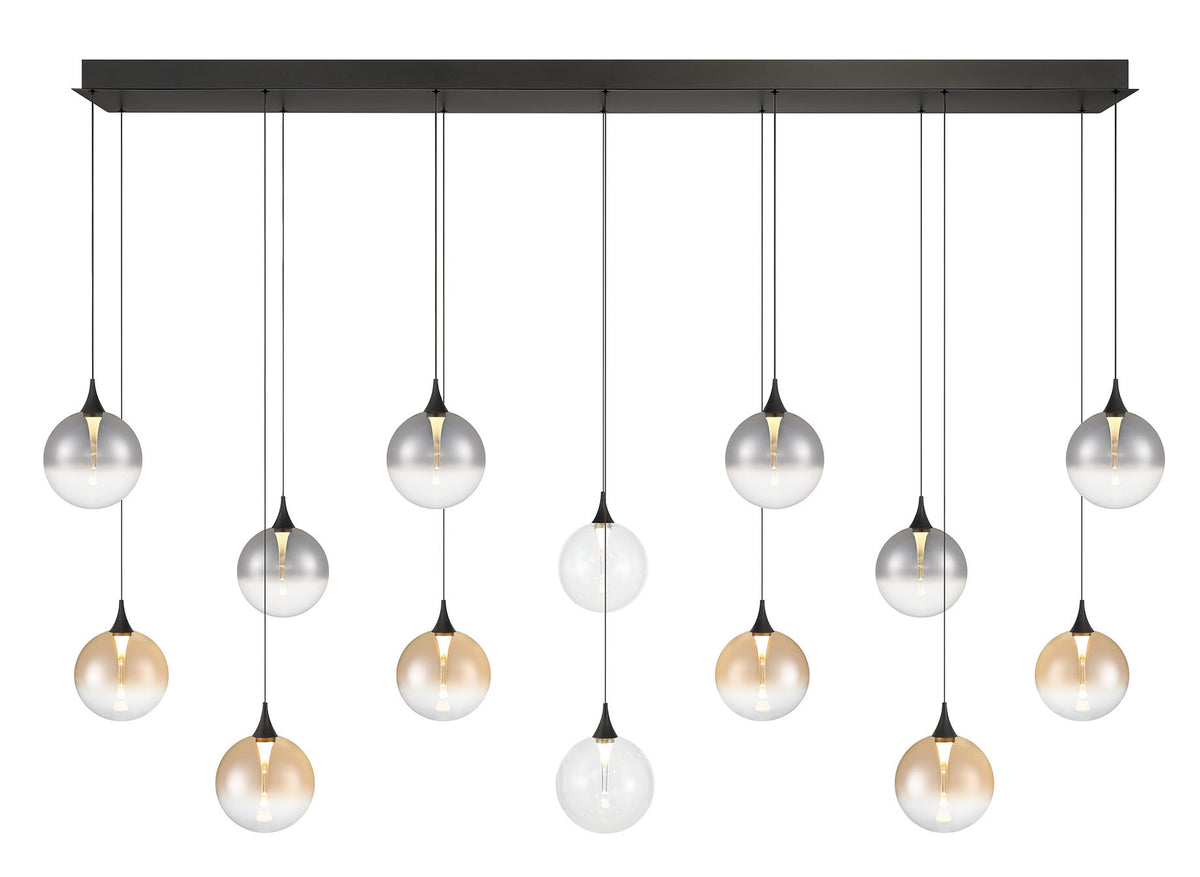 Eurofase Iissa 72" 14-Light LED Chandelier, Matte Black with Mixed Glass, front view