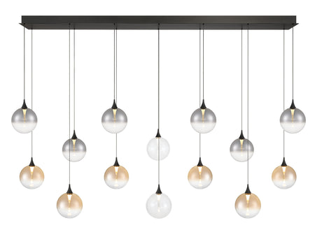 Eurofase Iissa 72" 14-Light LED Chandelier, Matte Black with Mixed Glass, front view
