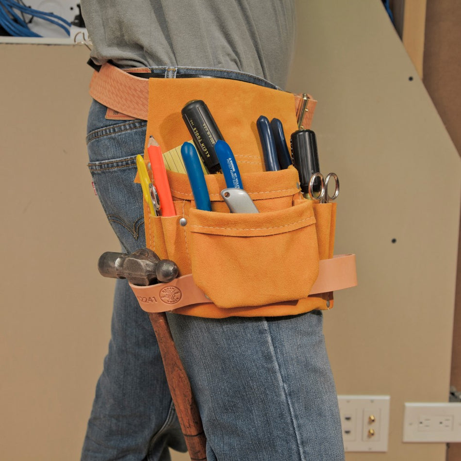 Klein Tools 42241 Tool Pouch, 6-Pockets for Nails, Screws and Tools - in use