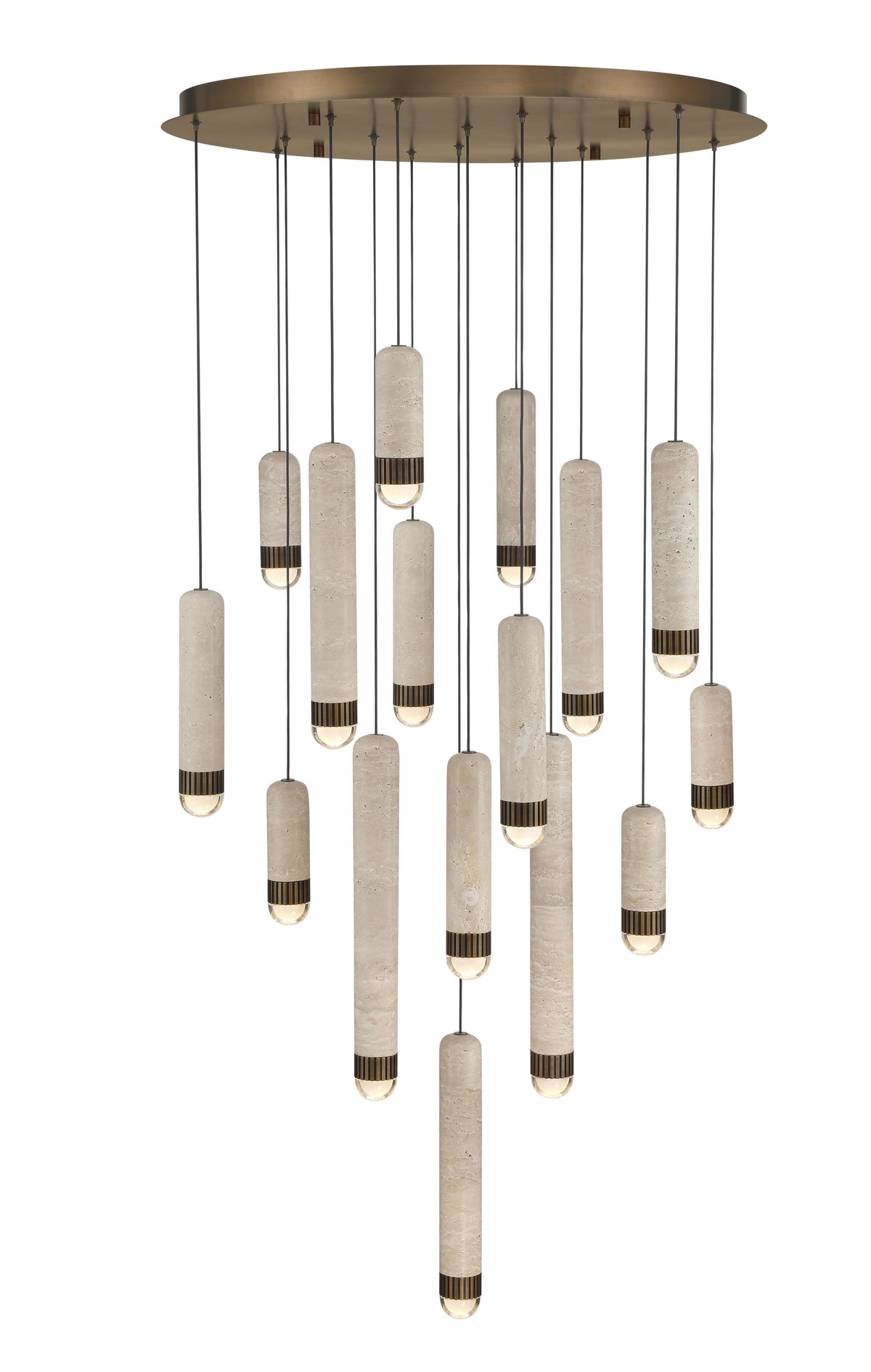 Eurofase Cambre 32" 16-Light LED Chandelier, Antique Brass with Travertine, front view