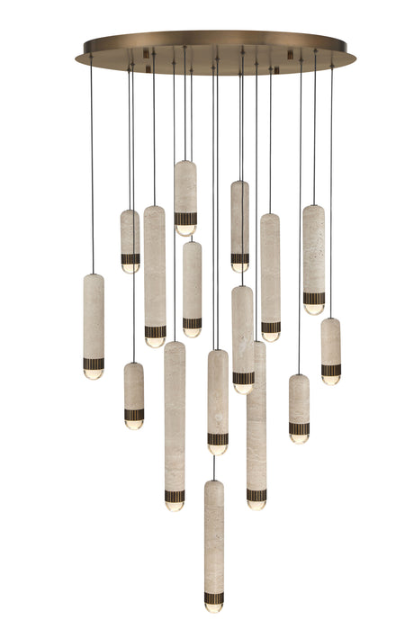 Eurofase Cambre 32" 16-Light LED Chandelier, Antique Brass with Travertine, front view