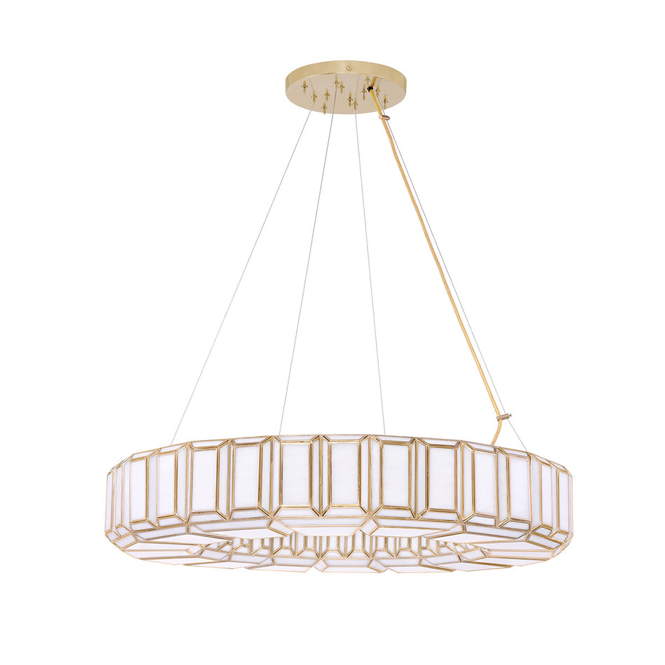 Eurofase Belmont 37" 12-Light Chandelier, Antique Brass with White Glass, front view