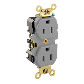 5262-GY Duplex Receptacle Outlet, Heavy-Duty Industrial Grade, Smooth Face, 15A, 125V, Back or Side Wire, NEMA 5-15R, 2-Pole, 3-Wire, Self-Grounding - Gray