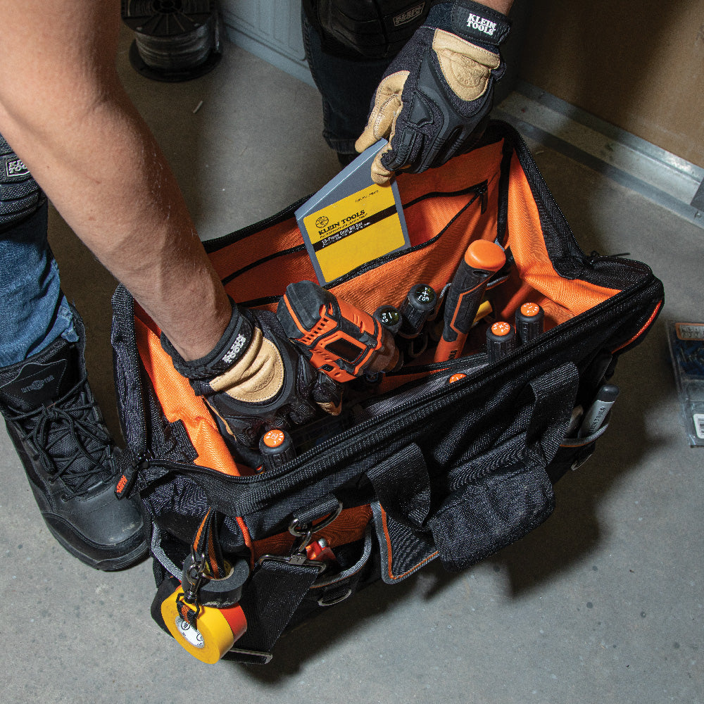 A photo of a Nylon/Vinyl Tool Bags; Tradesman Pro Organizers, by Tradesman Pro™ Wide-Open Tool Bag - Klein Tools eCommerce - Maple Electric Supply in Canada