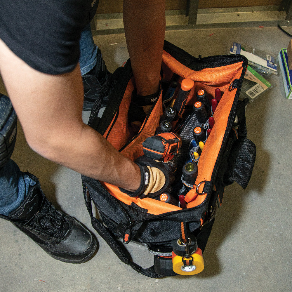 A photo of a Nylon/Vinyl Tool Bags; Tradesman Pro Organizers, by Tradesman Pro™ Wide-Open Tool Bag - Klein Tools eCommerce - Maple Electric Supply in Canada