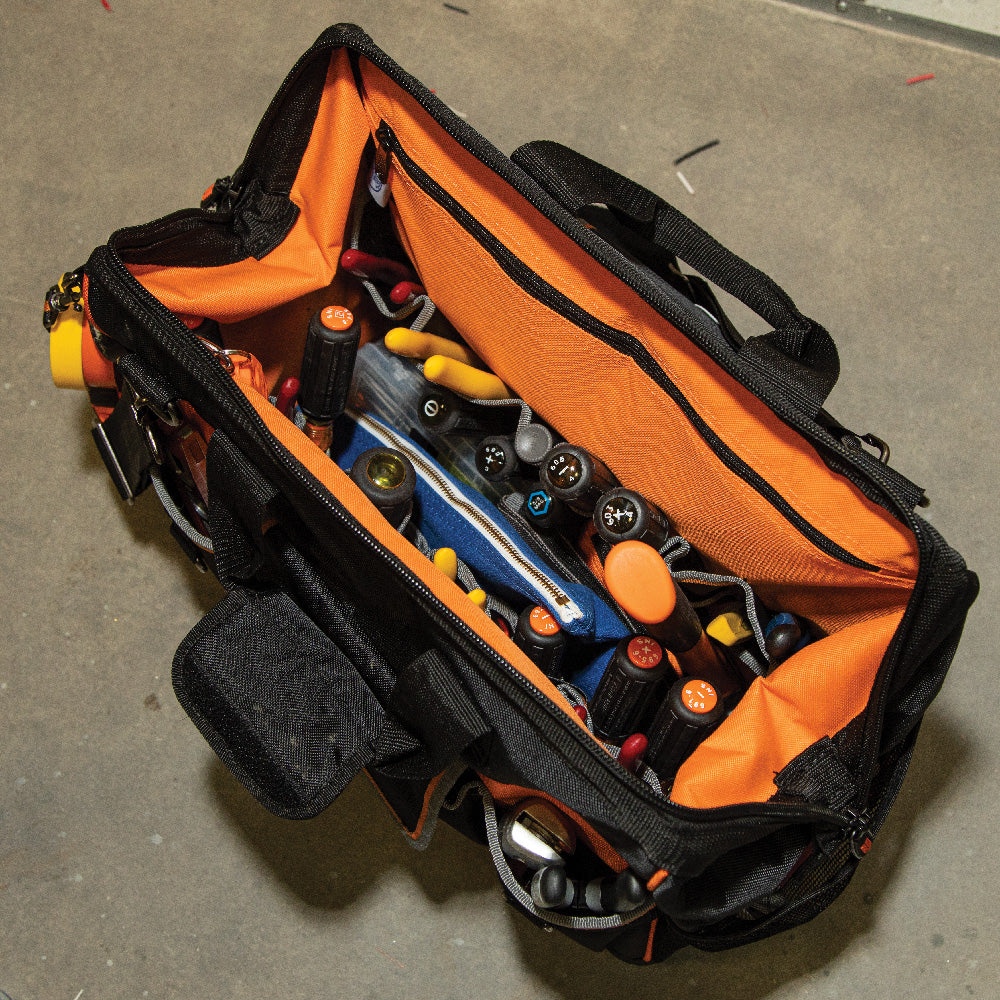A photo of a Nylon/Vinyl Tool Bags; Tradesman Pro Organizers, by Tradesman Pro™ Wide-Open Tool Bag - Klein Tools eCommerce - Maple Electric Supply in Canada