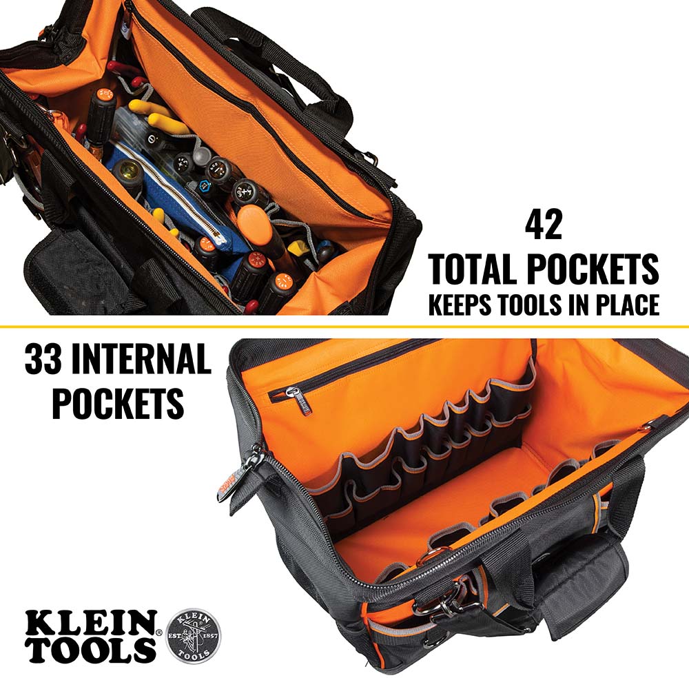 A photo of a Nylon/Vinyl Tool Bags; Tradesman Pro Organizers, by Tradesman Pro™ Wide-Open Tool Bag - Klein Tools eCommerce - Maple Electric Supply in Canada