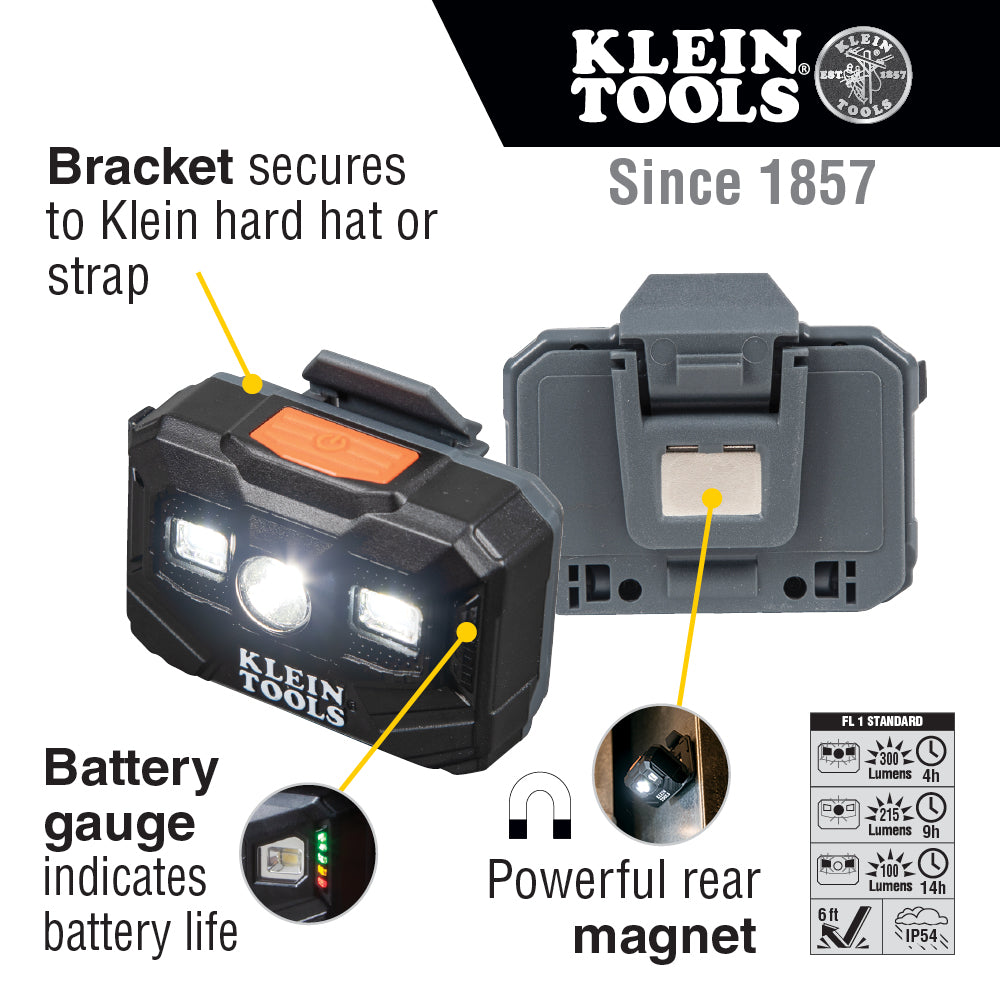 A photo of a , by 56062 Klein Tools Rechargeable Headlamp and Work light, 300 Lumens All-Day Runtime - Klein Tools eCommerce - Maple Electric Supply in Canada