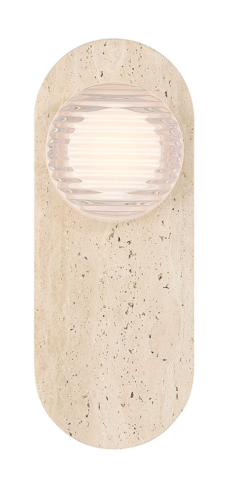 Eurofase Sternn 15" LED Outdoor Wall Light, Travertine with Clear Ribbed Glass, front view