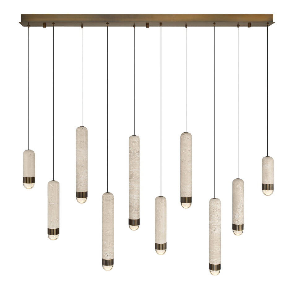Eurofase Cambre 50" 10-Light LED Chandelier, Antique Brass with Travertine, front view