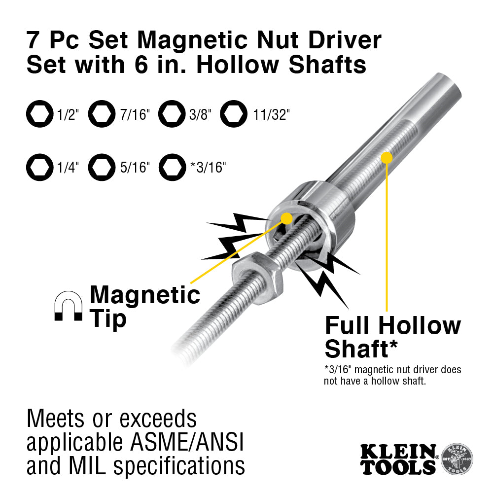 Magnetic Nut Driver Set, 6-Inch Shafts, 7-Piece