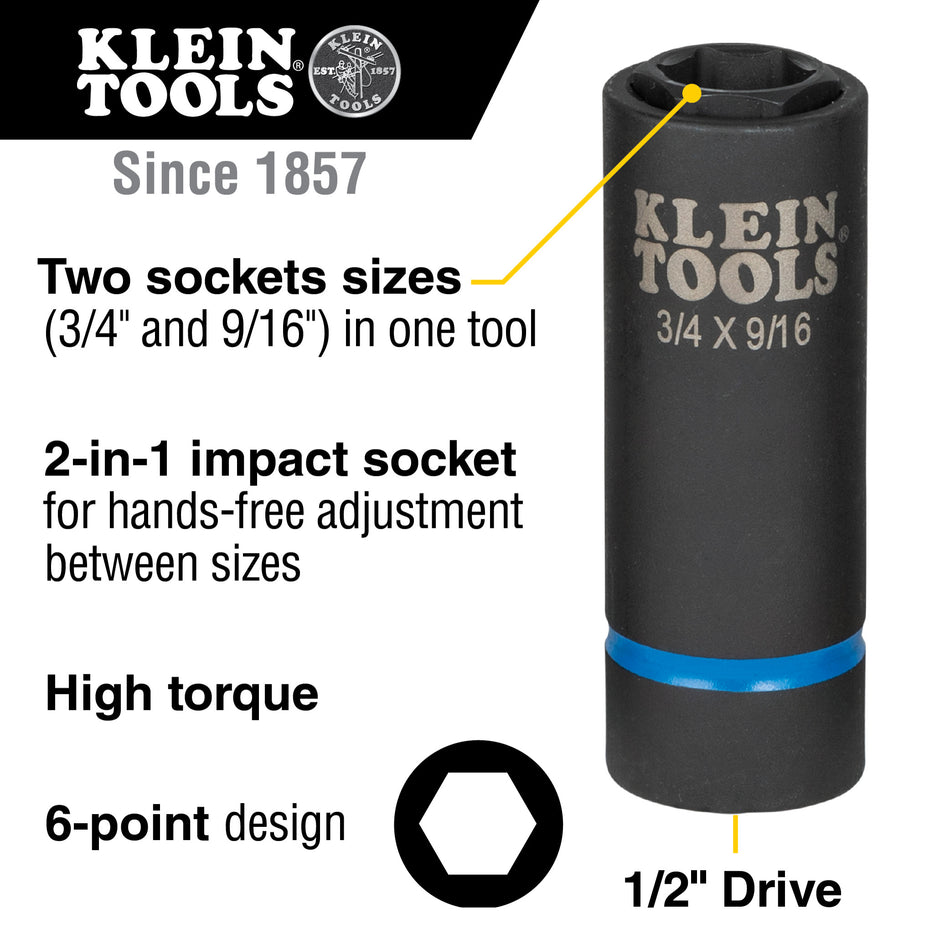 Klein Tools 66004 2-in-1 Impact Socket, 6-Point, 3/4" and  9/16" - additional view
