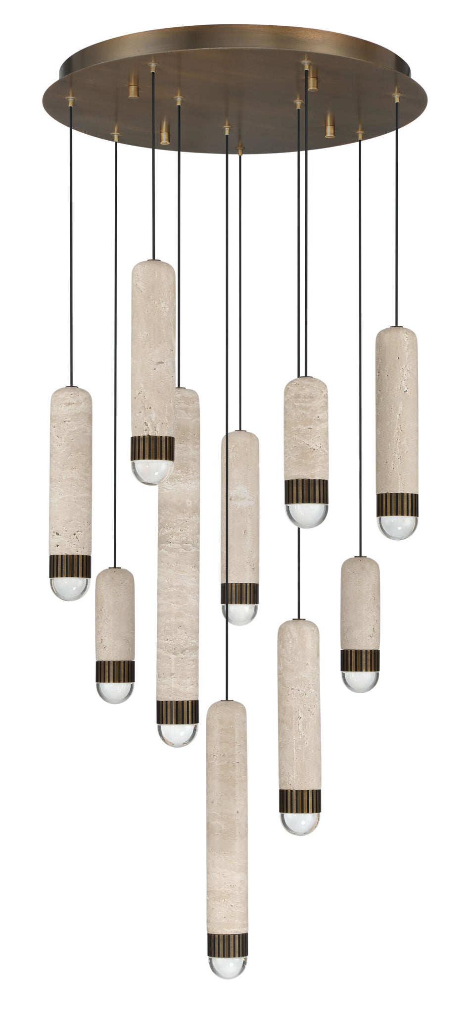Eurofase Cambre 22" 10-Light LED Chandelier, Antique Brass with Travertine, front view
