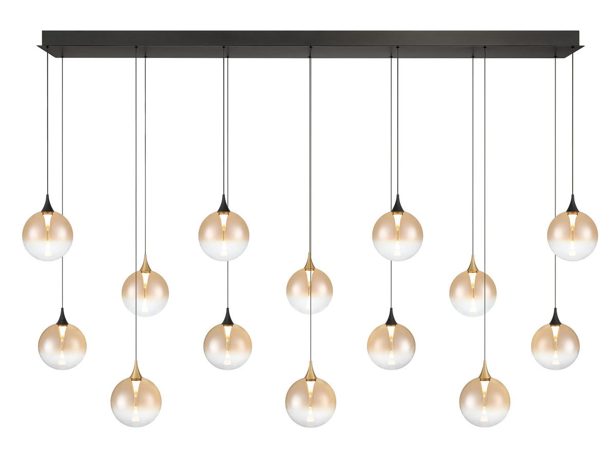Eurofase Iissa 72" 14-Light LED Chandelier, Gold-Black Mix with Amber Glass, front view