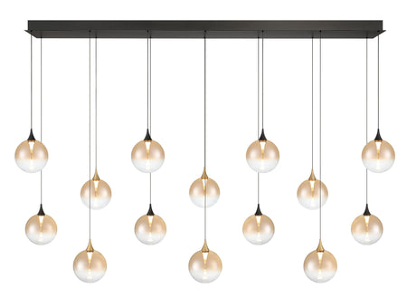 Eurofase Iissa 72" 14-Light LED Chandelier, Gold-Black Mix with Amber Glass, front view