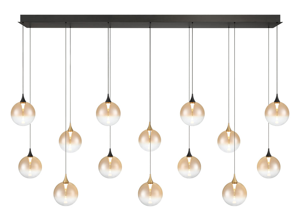 Eurofase Iissa 72" 14-Light LED Chandelier, Gold-Black Mix with Amber Glass, front view