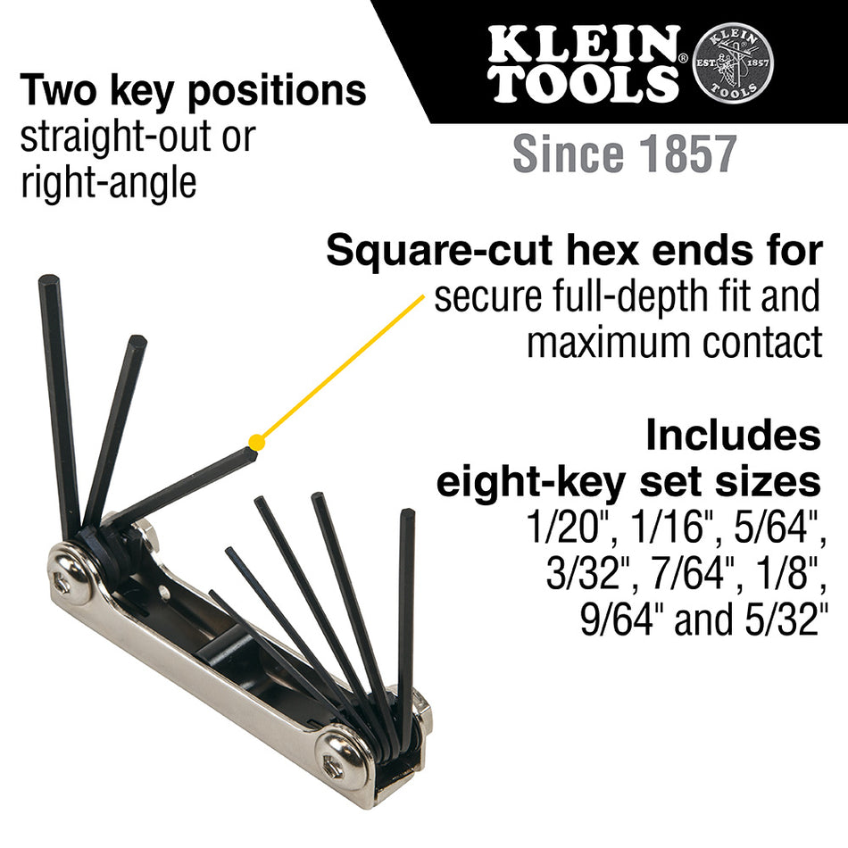 8-Key Folding Hex Key Set, 1/20 to 5/32-Inch SAE